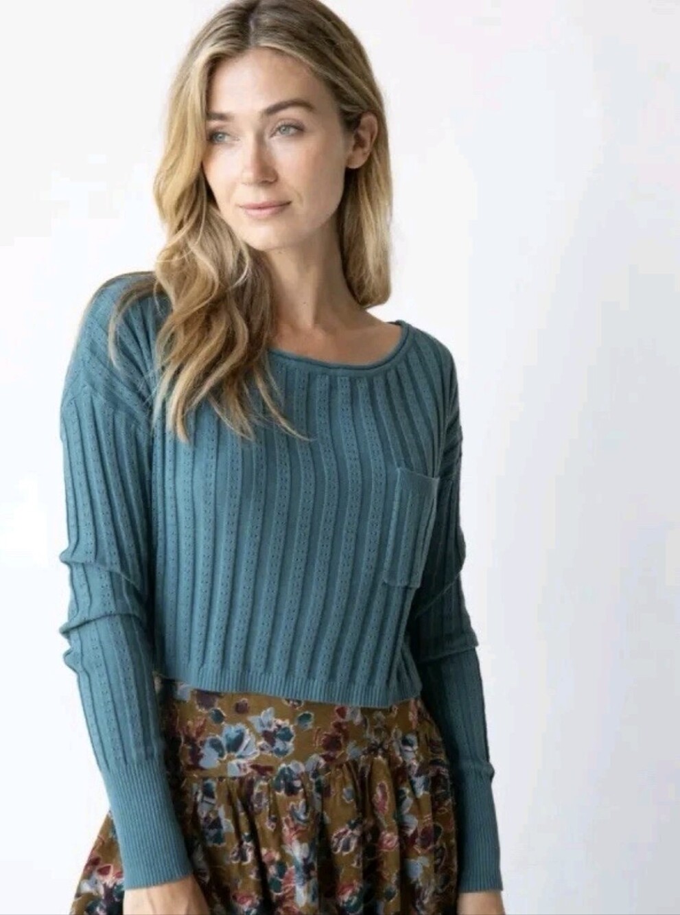 Natural Life Womens Sweater Teal Patti Layering Ribbed Knit Crop Boho Hippie XL